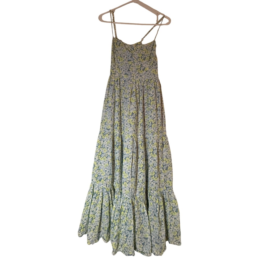 American Eagle Floral Maxi Dress Blue Green Smocked Back Cottagecore Small